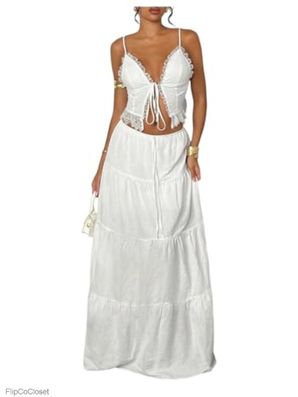 Women's 2 Piece Outfit Tie Front Camisole Top Tiered Maxi Skirt Set Cotton